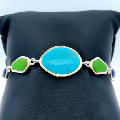 Barse 925 Sterling Silver Turquoise Lapis Lazuli Jasper Coral Station Bracelet