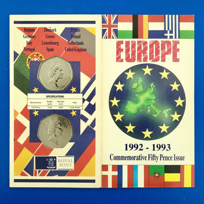 1992 1993 COMMEMORATIVE FIFTY PENCE ISSUE  EUROPE IN ORIGINAL SEALED CASE
