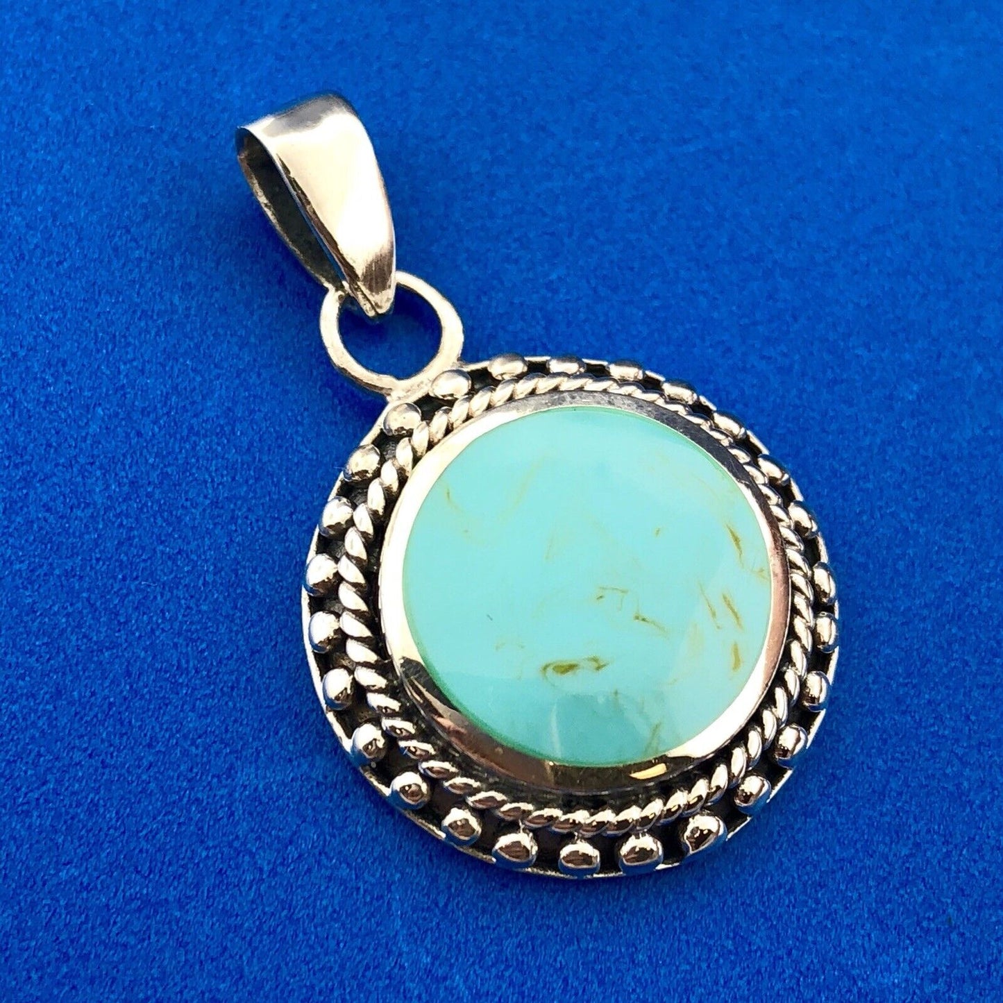Designer 925 Sterling Silver Turquoise Art Glass Cabochon Bead Work Disc Pendant