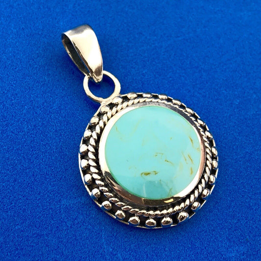 Designer 925 Sterling Silver Turquoise Art Glass Cabochon Bead Work Disc Pendant