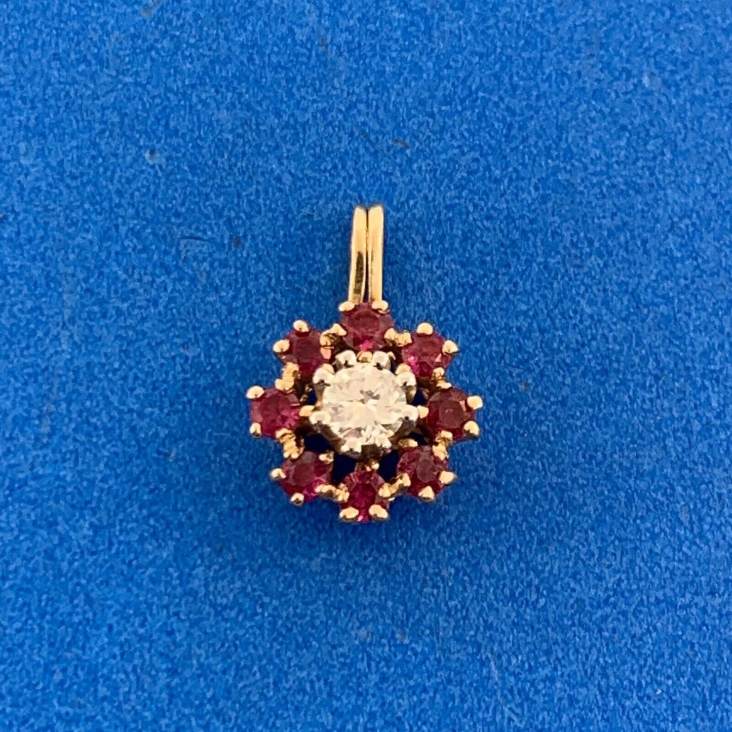 14K Yellow Gold Diamond Ruby Halo Flower Drop Pendant