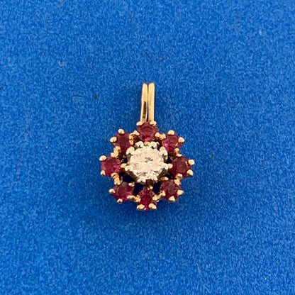 14K Yellow Gold Diamond Ruby Halo Flower Drop Pendant