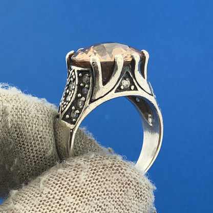 Vintage 925 Sterling Silver Cushion Cut Citrine CZ Statement Cocktail Ring