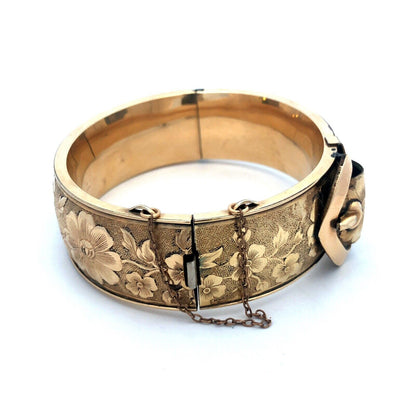 Antique F.M.Co 12K Yellow Gold Filled Floral Belt Buckle Hinged Bangle Bracelet