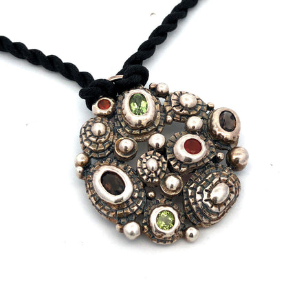 Vintage J 925 Sterling Silver Multi Gemstone Textured Pendant Silk Necklace