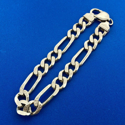Retro 925 Sterling Silver Polished Florentine Textured Figaro Link Bracelet