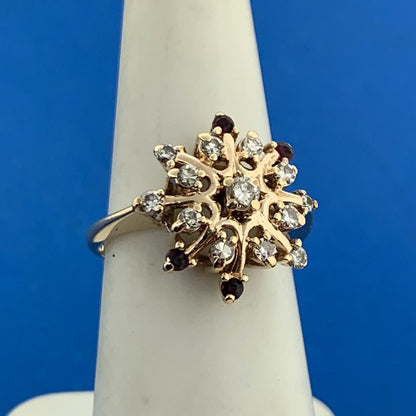 Designer 14K Yellow Gold Diamond Ruby Accent Starburst Snowflake Cocktail Ring