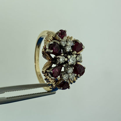 14K Yellow Gold Ruby Diamond Butterfly Cluster Statement Cocktail Ring