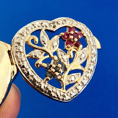 Vintage 925 Sterling Silver Vermeil Two Tone Sapphire Ruby Heart Locket Pendant