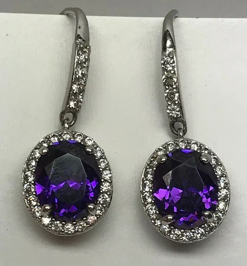Designer Sterling Silver 925 Purple White Cubic Zirconia CZ Drop Dangle Earrings