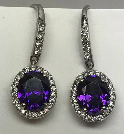 Designer Sterling Silver 925 Purple White Cubic Zirconia CZ Drop Dangle Earrings