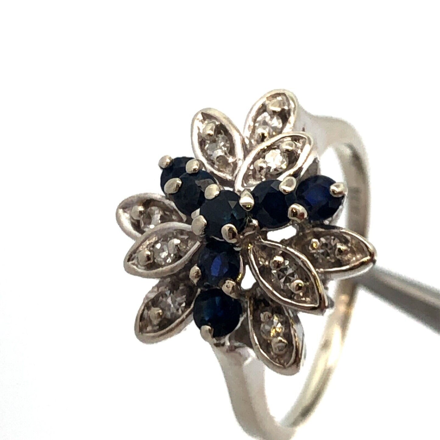 Designer 14K White Gold Sapphire Diamond Leaf Cluster Cocktail Ring