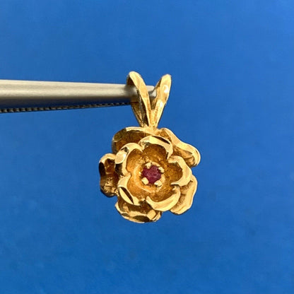 Vintage 14K Yellow Gold Ruby Rose Flower Petite Charm Pendant