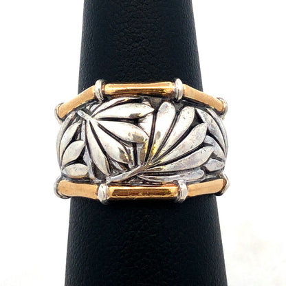 Designer P 925 Sterling Silver 22K Yellow Gold Palm Leaves Bamboo Wide Band Ring