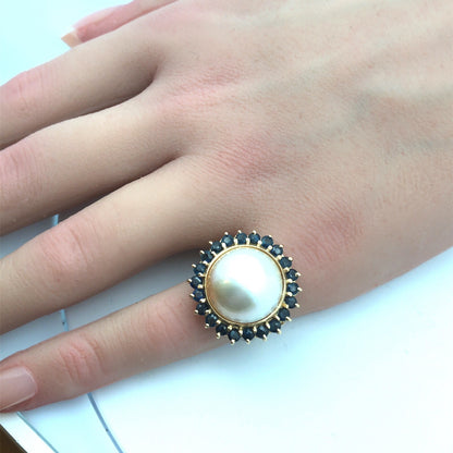 Vintage Designer 14K Yellow Gold Mabe Pearl Sapphire Halo Statement Cocktail Rin