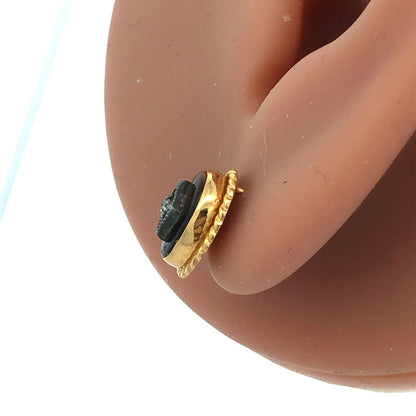 Vintage 14K Yellow Gold Oval Tigers Eye Diamond Accented Stud Earrings