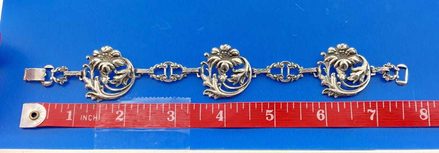 Vintage Art Deco Sterling Silver 925 7.5" Womens Floral Link Bracelet
