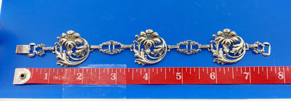 Vintage Art Deco Sterling Silver 925 7.5" Womens Floral Link Bracelet