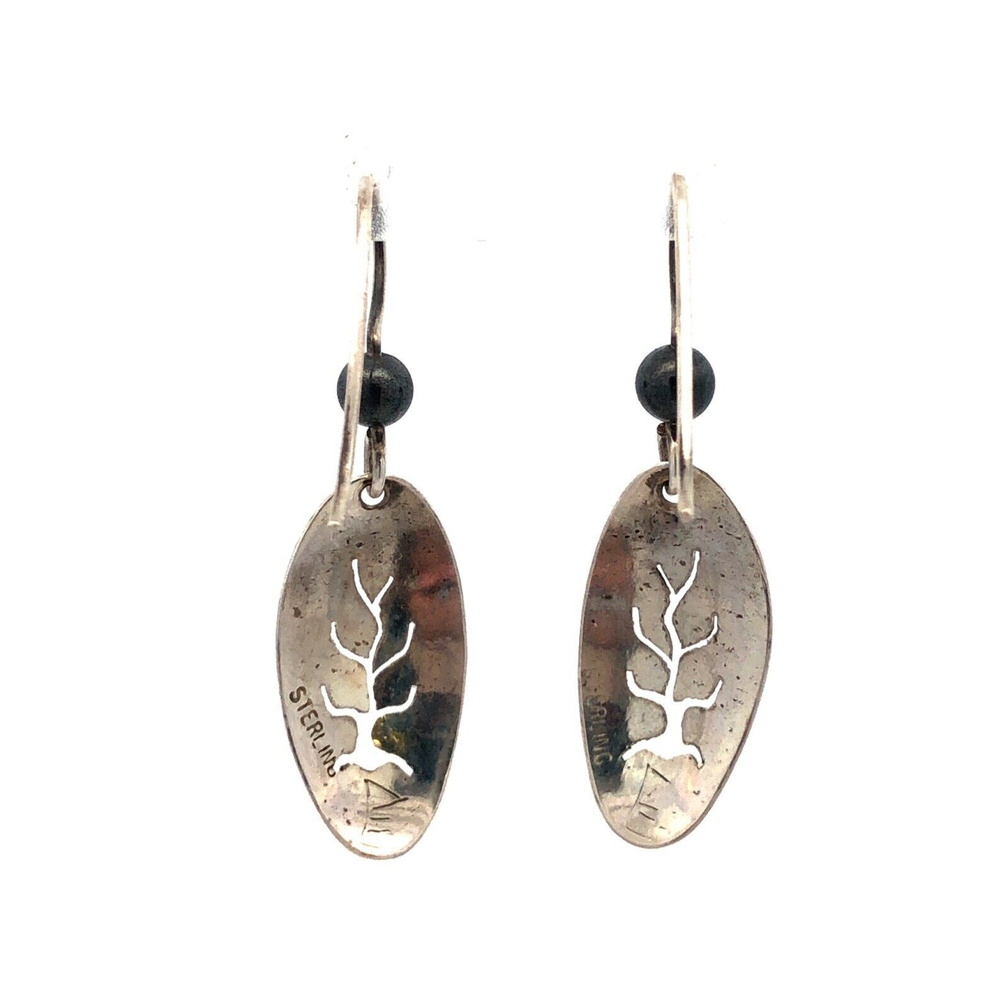 Native American Picto 925 Sterling Silver Hematite Tree Of Life Dangle Earrings