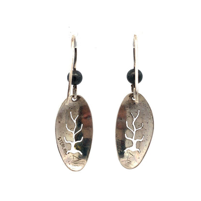 Native American Picto 925 Sterling Silver Hematite Tree Of Life Dangle Earrings