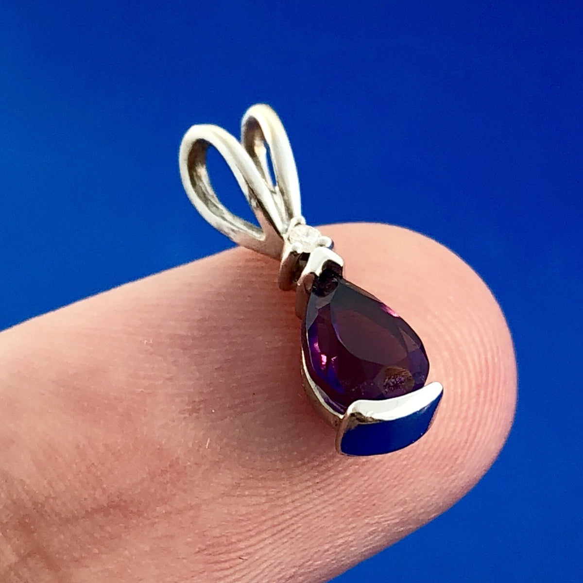 Designer AE 14K White Gold Amethyst Diamond February Occasion Teardrop Pendant