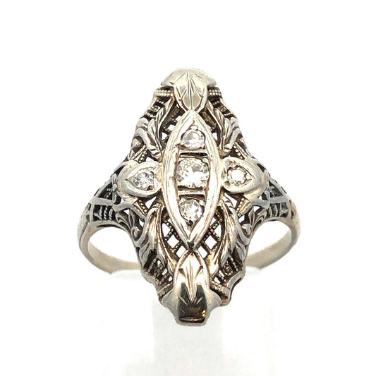 Art Nouveau Art Deco 18K White Gold Diamond Filigree Statement Finger Ring