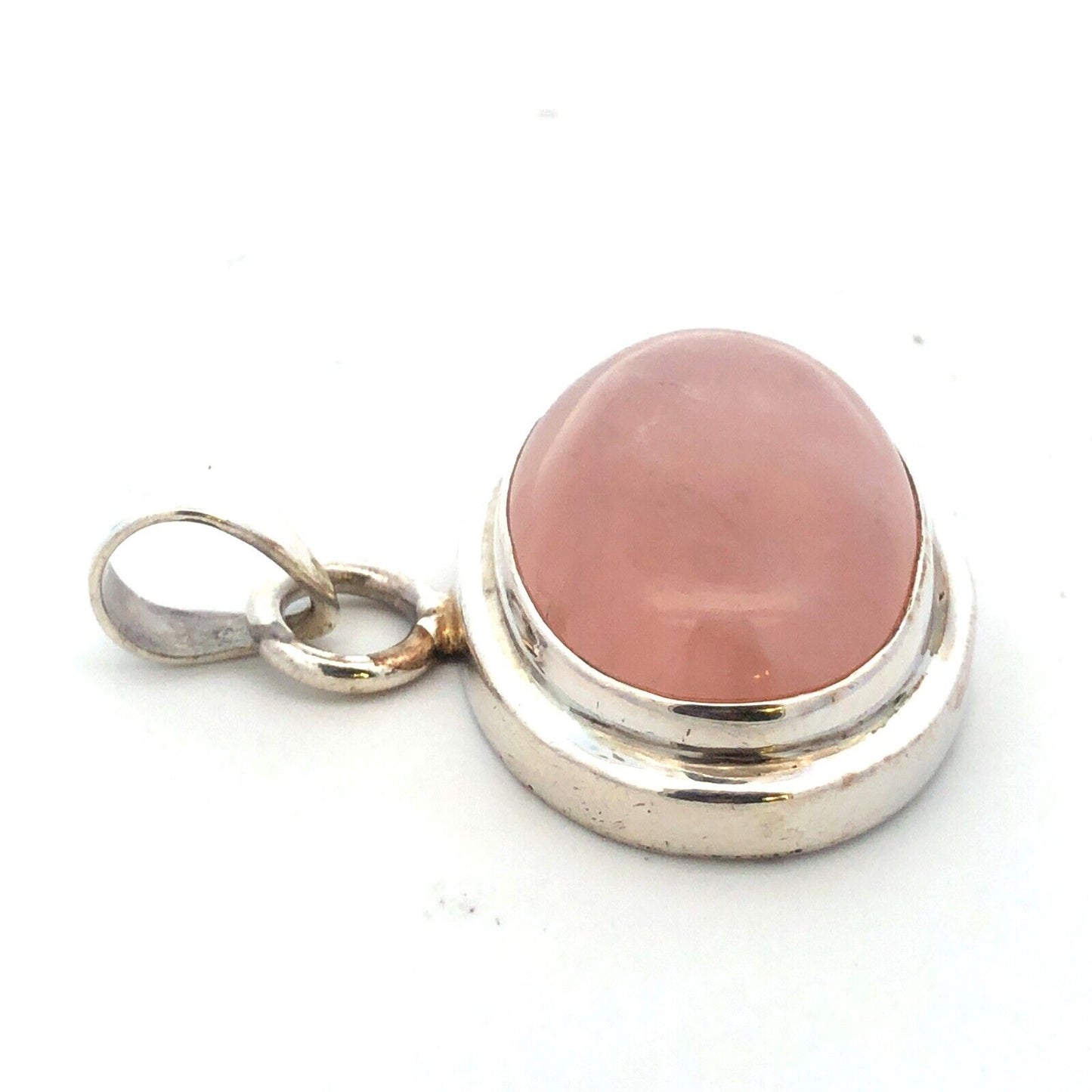 Vintage 925 Sterling Silver Oval Rose Quartz Cabochon Statement Pendant