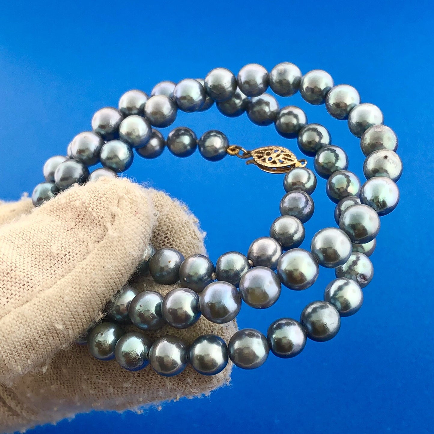 Retro 10K Yellow Gold Gray Peacock Pearl Wedding Bridal Pearl Necklace