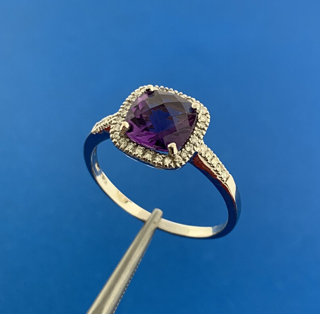 Designer 14K White Gold Cushion Cut Amethyst Diamomd Halo Accented Ring