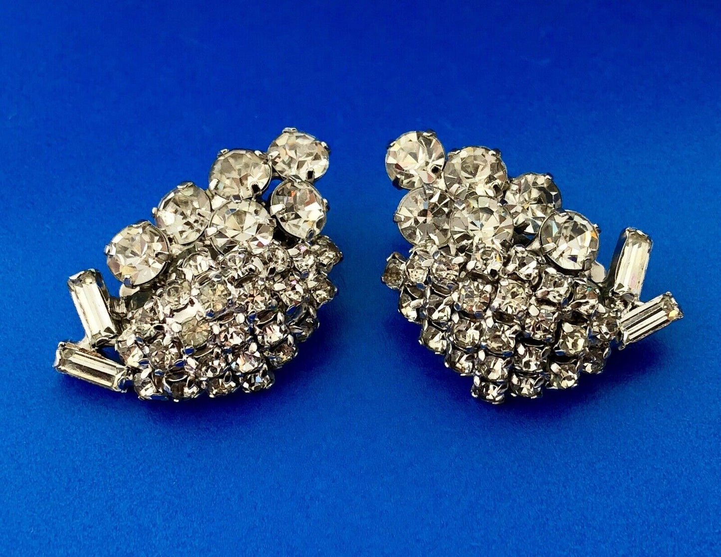 Retro Haute Couture Silver Tone Rhinestone Grape Cluster Statement Clip Earrings