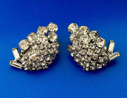 Retro Haute Couture Silver Tone Rhinestone Grape Cluster Statement Clip Earrings