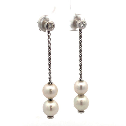 Mikimoto 18K White Gold Diamond Pearls In Motion Drop Dangle Stud Earrings