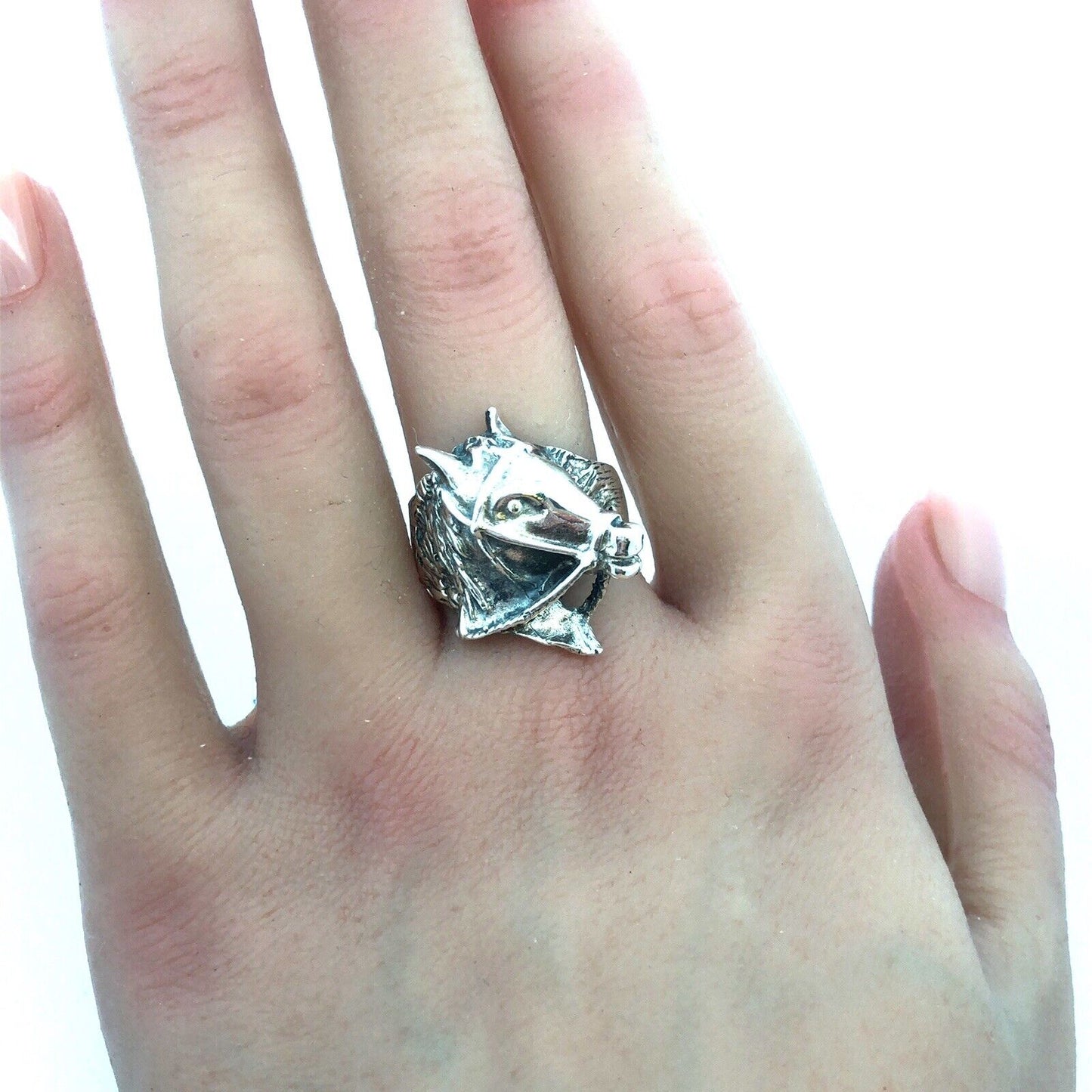 Retro 925 Sterling Silver Horse Head Bridle Western Style Statement Chunky Ring