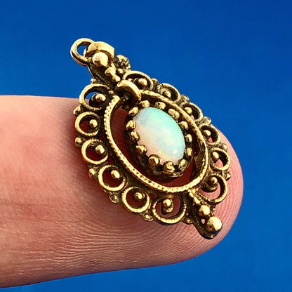 Art Deco 14K Yellow Gold Opal Bead Scroll Floral Open Work Drop Dangle Earrings