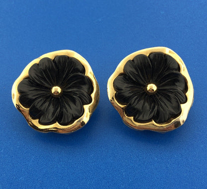 Designer Kenneth Lane Gold Toned Black Resin Floral Clip-On Earrings