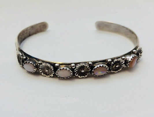 Navajo Running Bear R.B. Sterling Silver Pink Mother Of Pearl Flower Bracelet