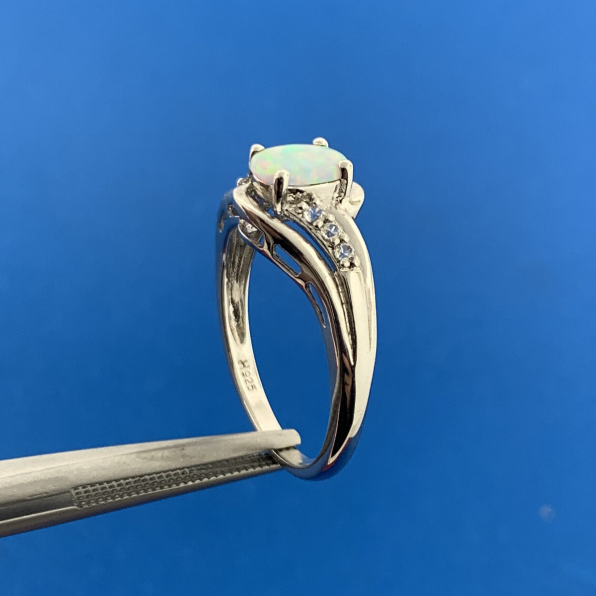 Designer Sterling Silver Oval Opal Cabochon White Topaz Accented Cocktail Ring