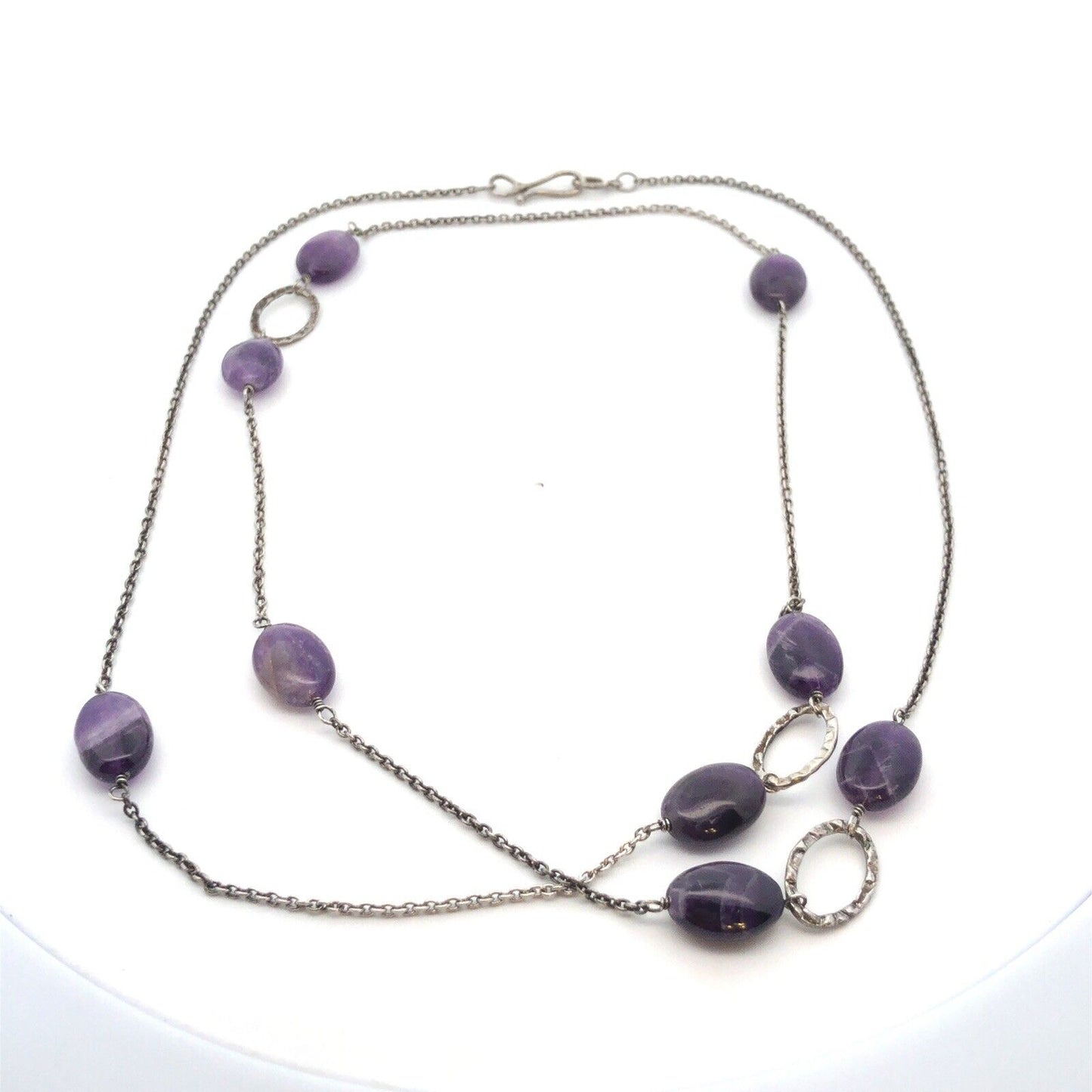 Designer NF 925 Sterling Silver Oval Amethyst Beaded Statement Chain Necklace