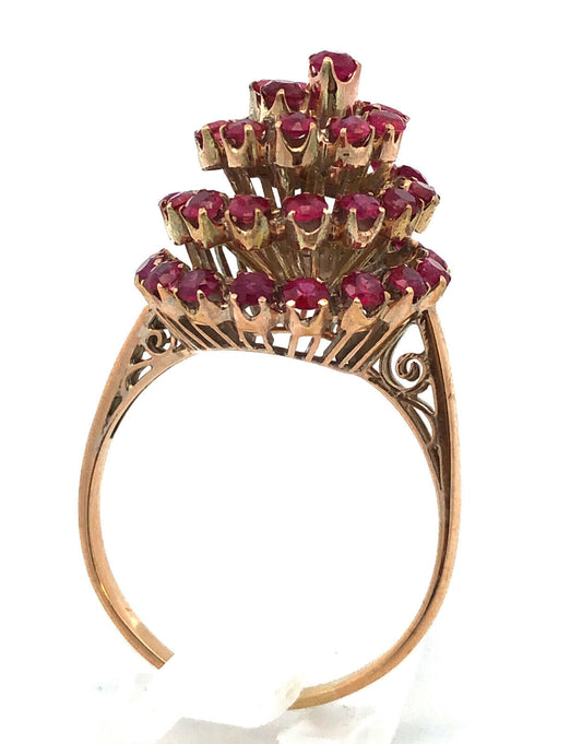 Vintage 10K Yellow Gold Ruby Cluster Swirl Princess Empire Cocktail Ring