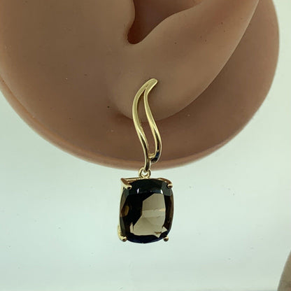 Designer 14K Yellow Gold Oval Smoky Quartz Modernist Twist Dangle Earrings