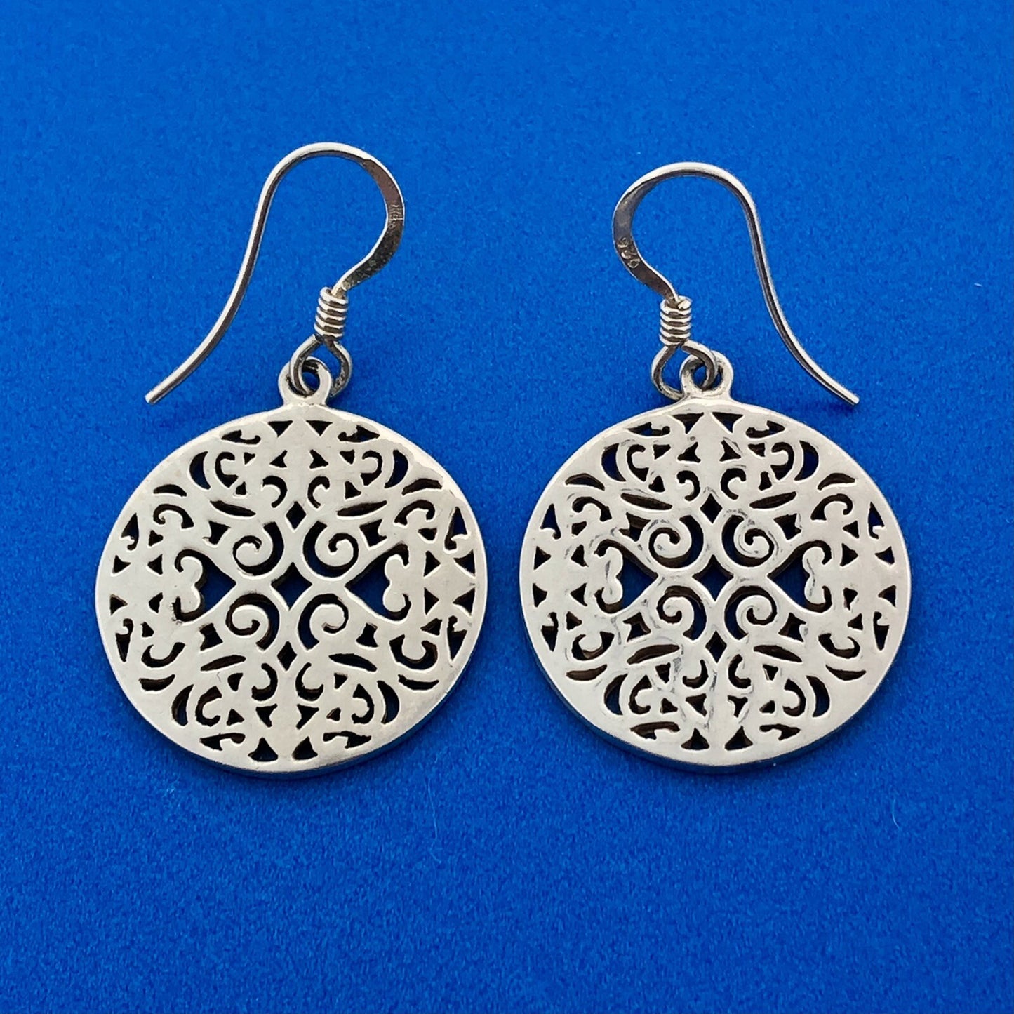 925 Sterling Silver Heart Scroll Open Work Disc Drop Dangle Filigree Earrings