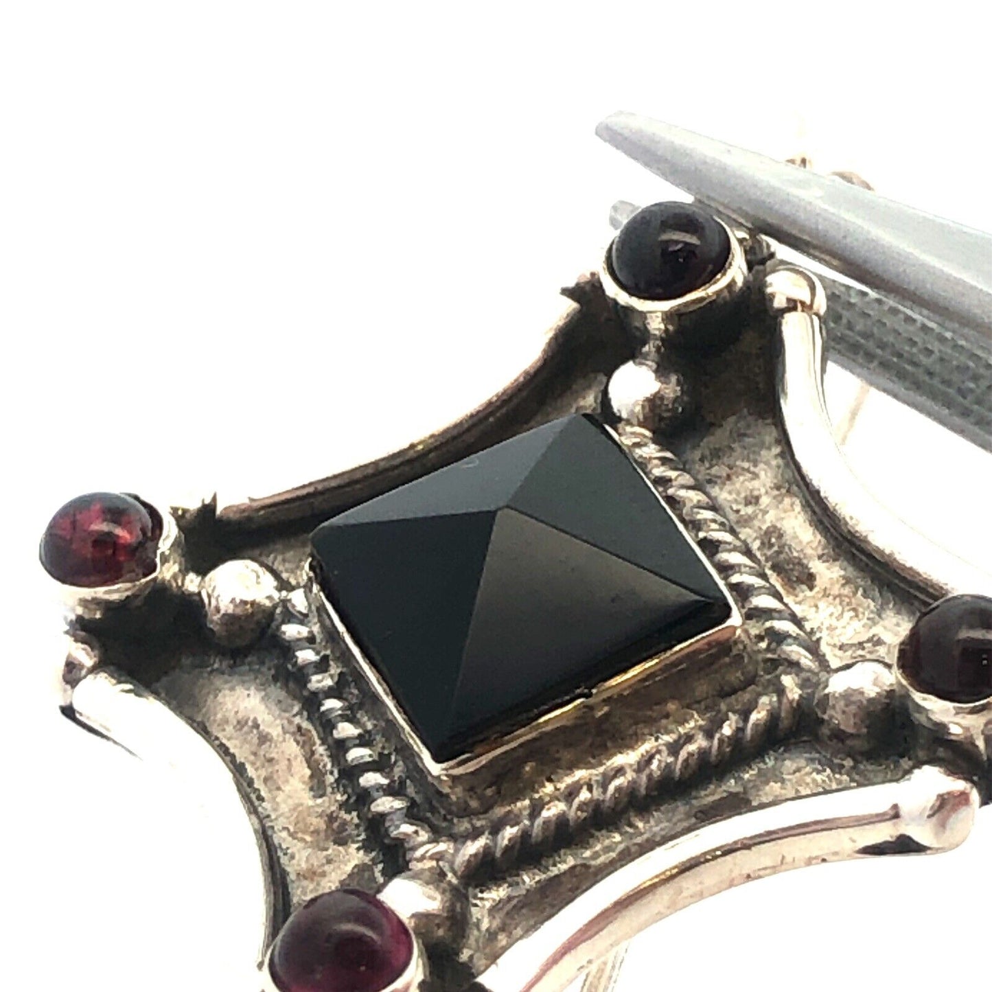 Vintage 925 Sterling Silver Black Onyx Amethyst Hook Statement Dangle Earrings