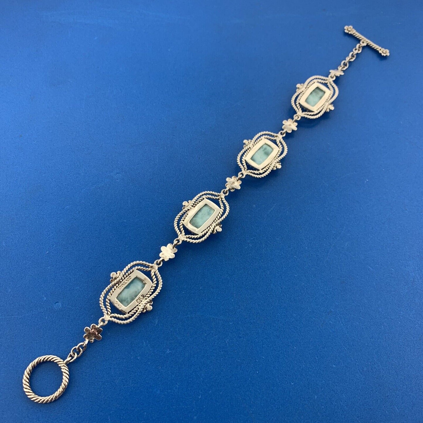 Designer 925 Sterling Silver Larimar Balinese Floral Panel Toggle Bracelet
