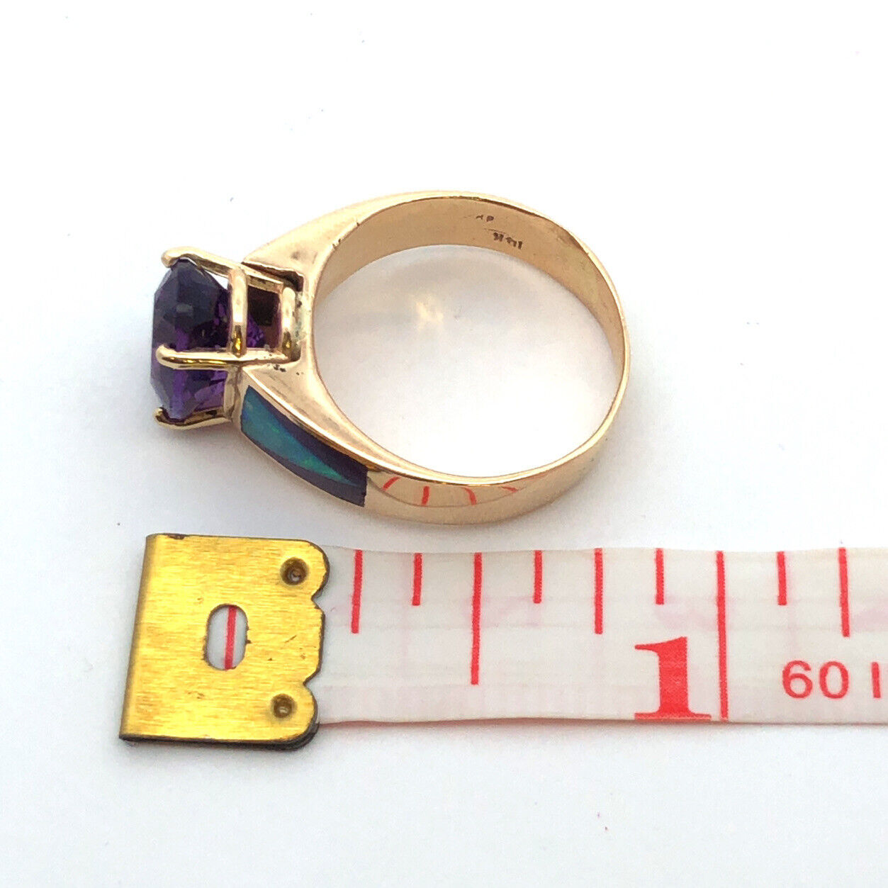 Vintage 14K Yellow Gold Oval Amethyst Opal Inlay Purple Enamel Cocktail Ring
