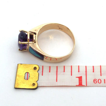 Vintage 14K Yellow Gold Oval Amethyst Opal Inlay Purple Enamel Cocktail Ring