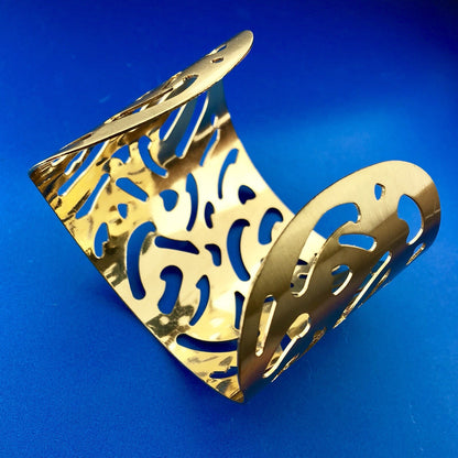 Modernist Gold Tone Brushed Finish Animal Print Cutout Statement Cuff Bracelet