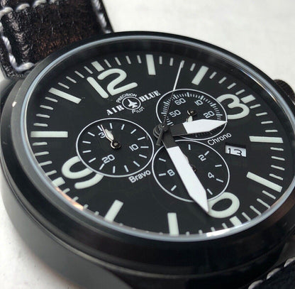 Air Blue Bravo Precision Pilot Mens Watch Chronograph Black Leather Strap In Box