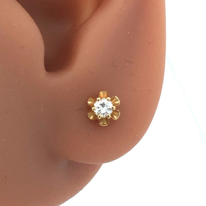 Petite 14K Yellow Gold Round Diamond Flower Shaped Butterfly-Back Stud Earrings