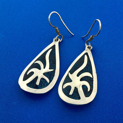 Vintage Taxco Sterling Silver Blue Aqua Enamel Pear Shaped Modernist Earrings