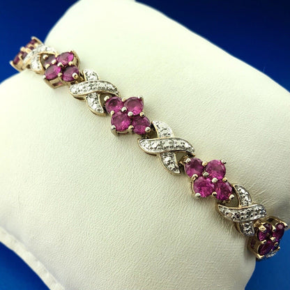 Designer 925 Sterling Silver Pink Spinel X O Floral Two Tone Tennis Bracelet